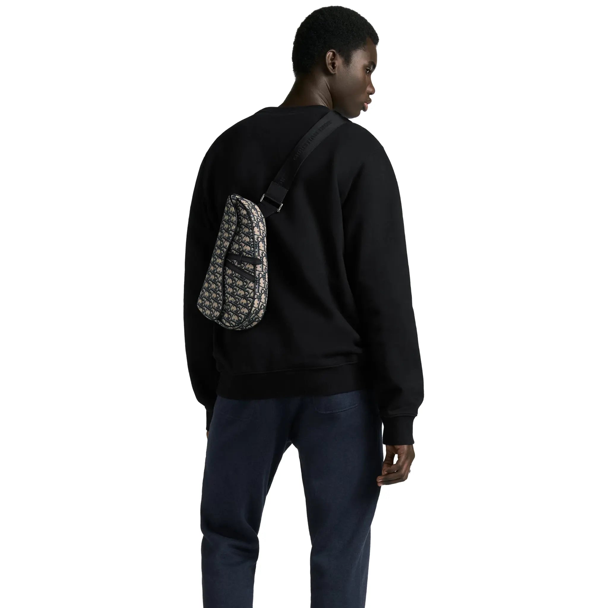 Model Wear cross View of Dior Oblique Jacquard Beige and Black Saddle Bag 1ADPO093YKY_H28E